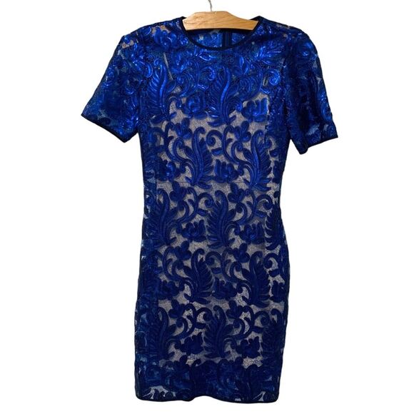 Badgley Mischka Dresses & Skirts - Belle Badgley Mischka | Dress Gloria Blue Sequin Short Sleeve Knee Length NWT- 8